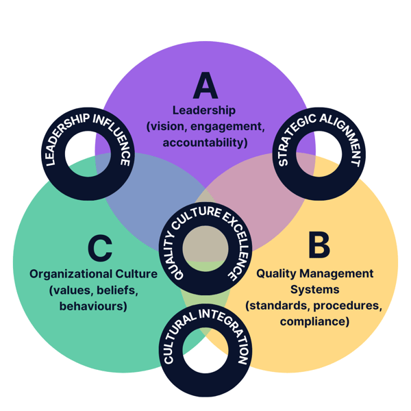 Three-circle Venn diagram showing Leadership, Quality Management Systems, and Organisational Culture. Overlaps highlight leadership influence, strategic alignment, cultural integration, and quality culture excellence, illustrating how they drive cultural change.