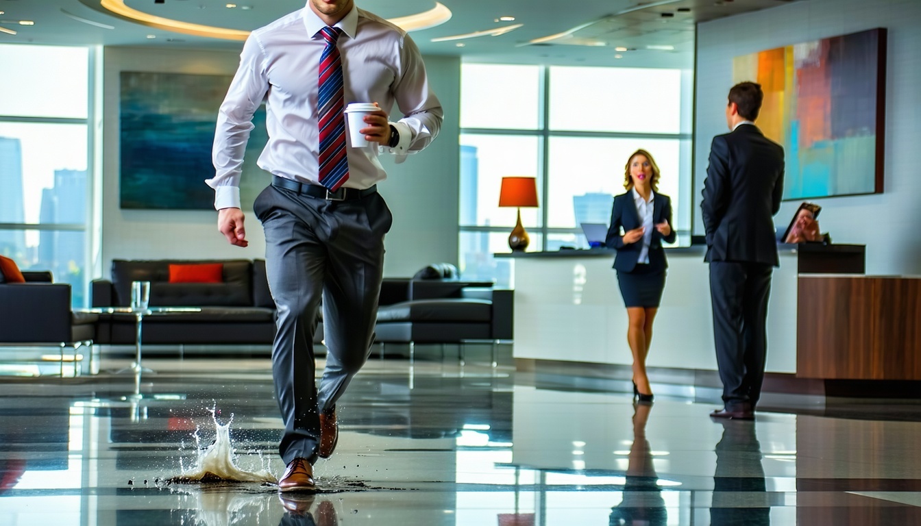 An auditor walking in a hurry while holding a coffee