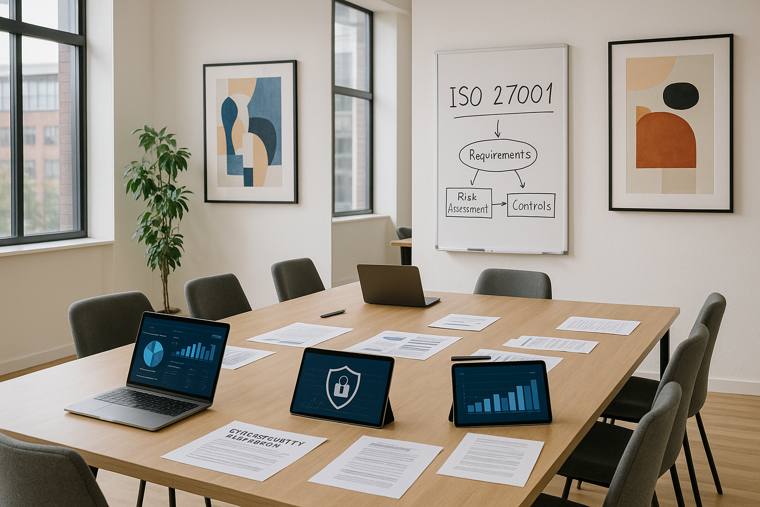 Office conference room setup with laptops displaying cybersecurity data, printed materials on information security strategies, and a whiteboard highlighting ISO 27001 compliance concepts.