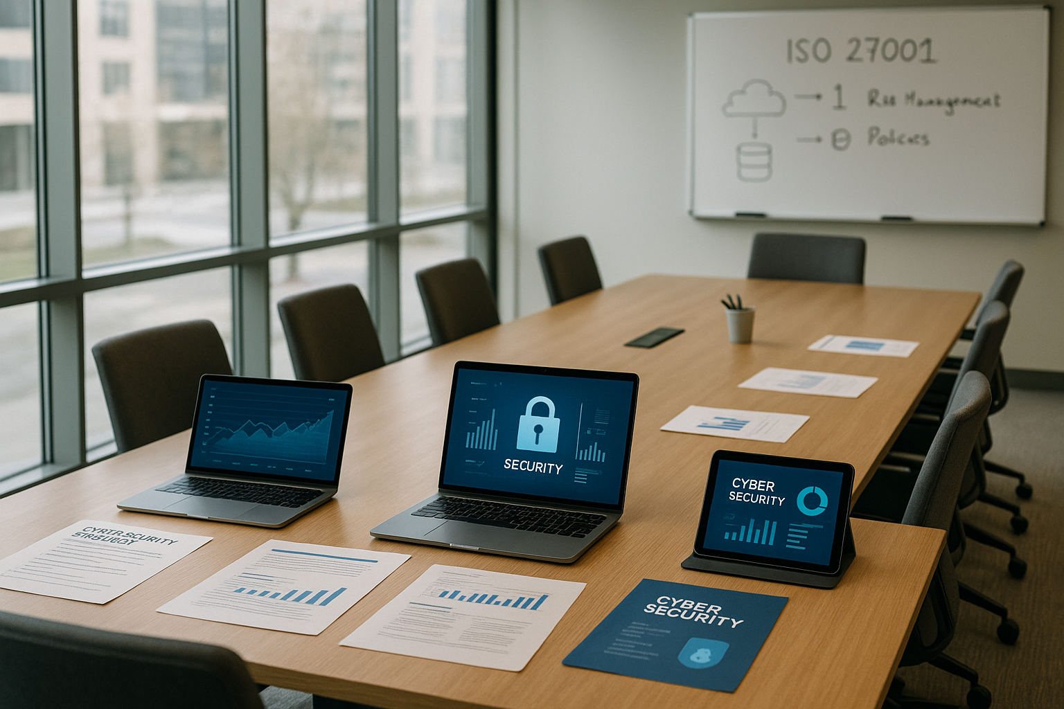 Modern office conference room with a large table holding laptops, tablets, and documents showing cybersecurity data.