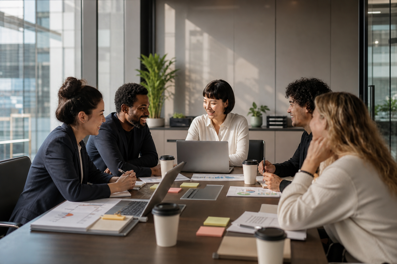 Corporate Group sitting around the table having a meeting about the ISO 9001 transition