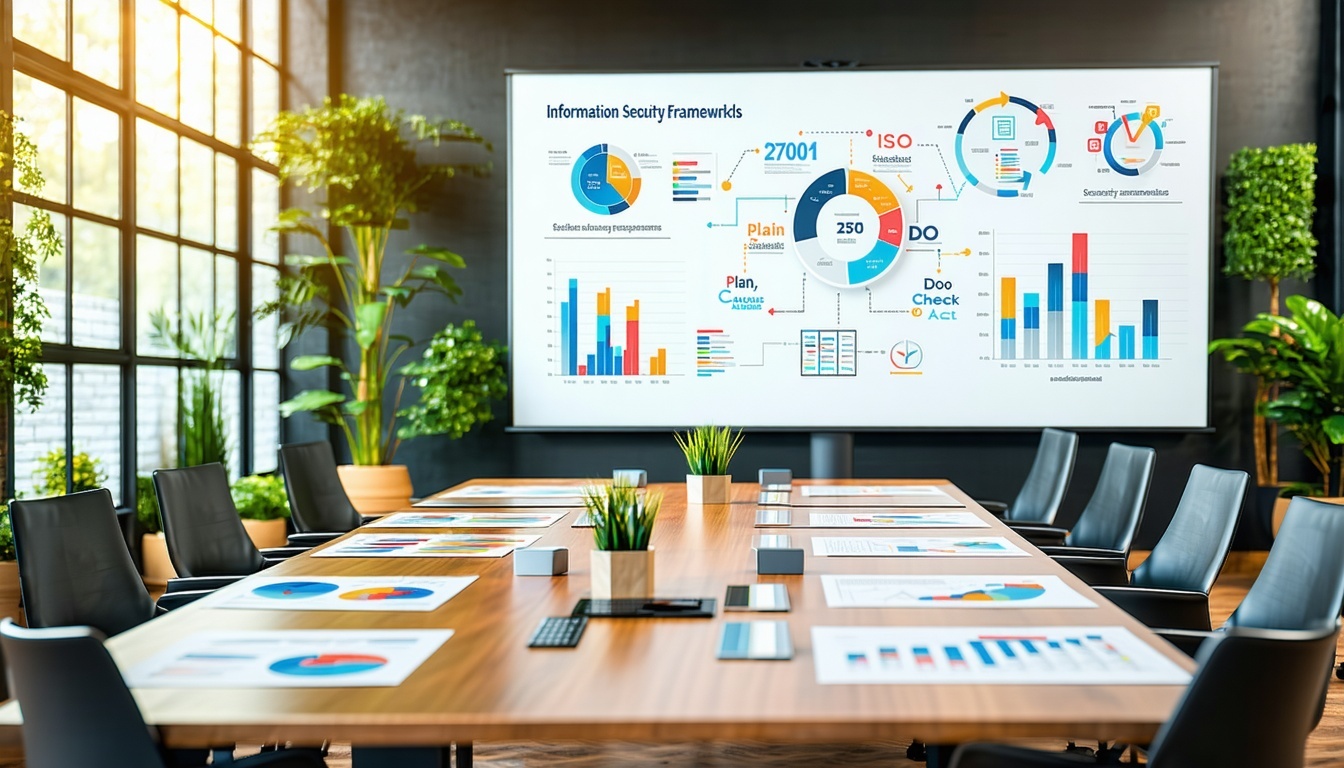 modern office with documents on the table related to ISO 27001