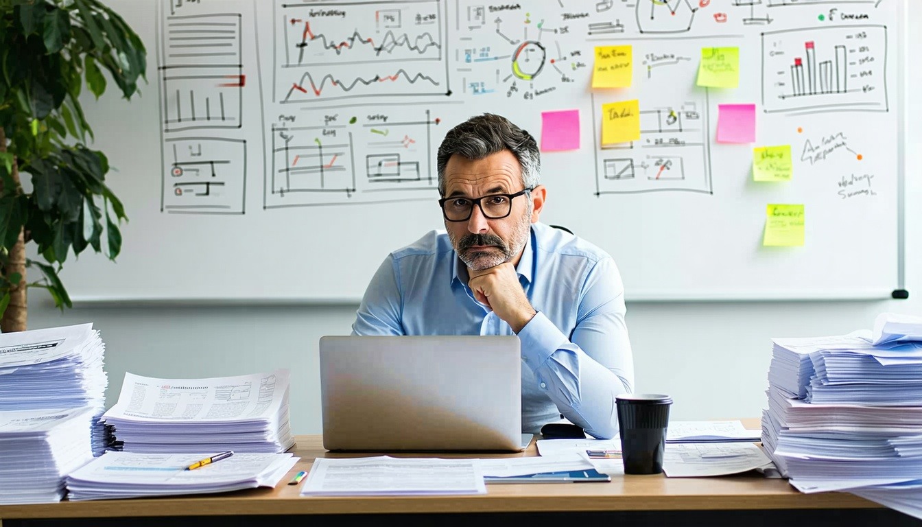 middle aged man thinking seriously in his office