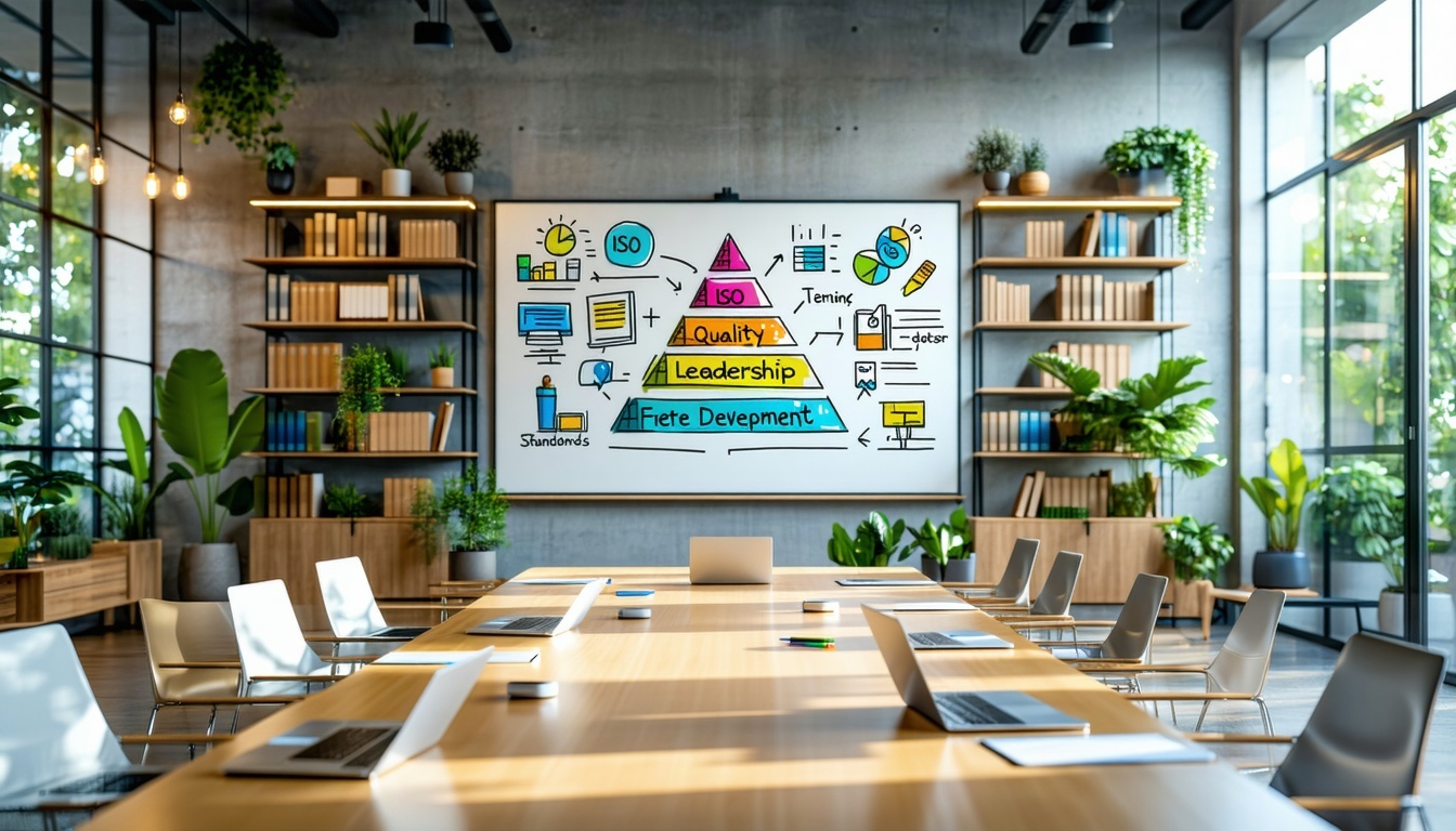 conference room with laptops on table and a whiteboard with diagram