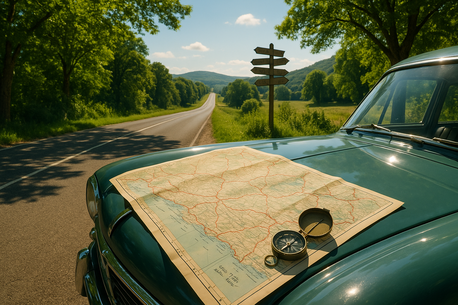 A map and a compass on top of a car