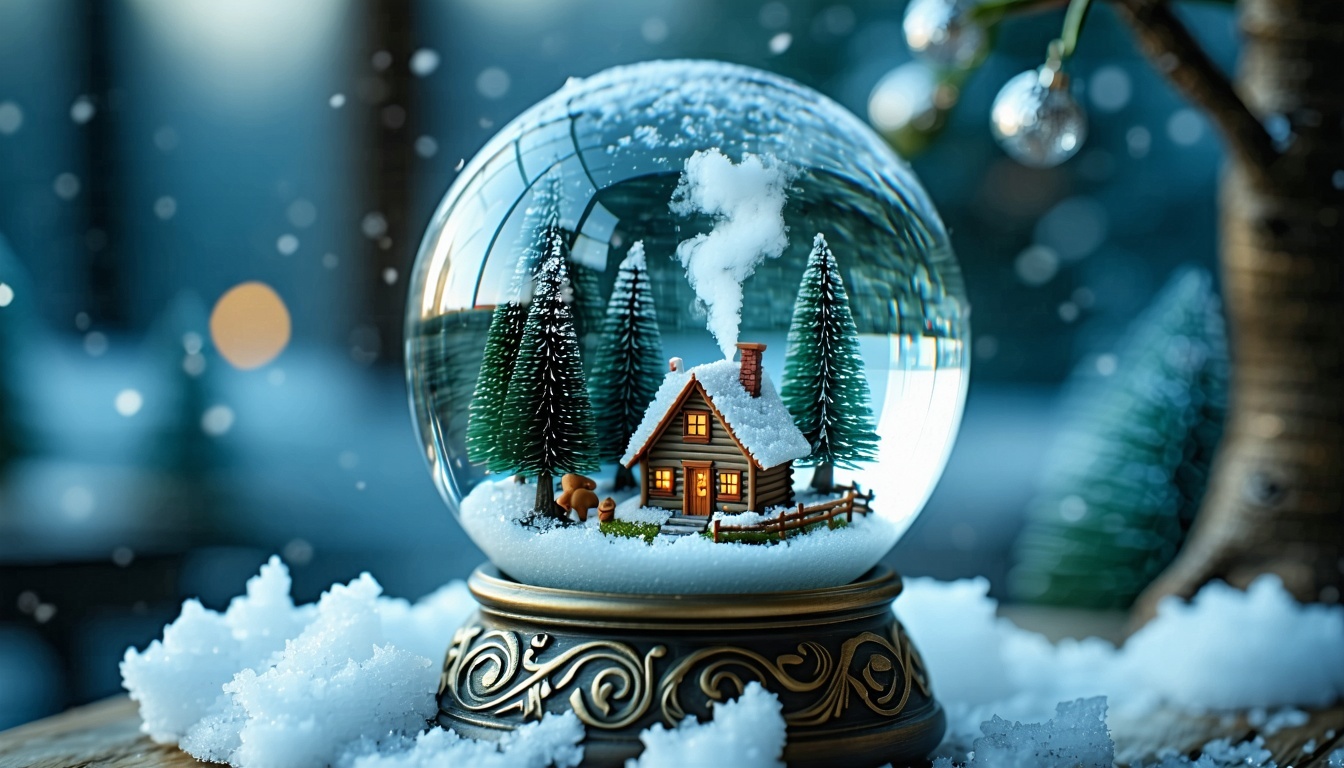 snow globe with a house inside and tall pine trees