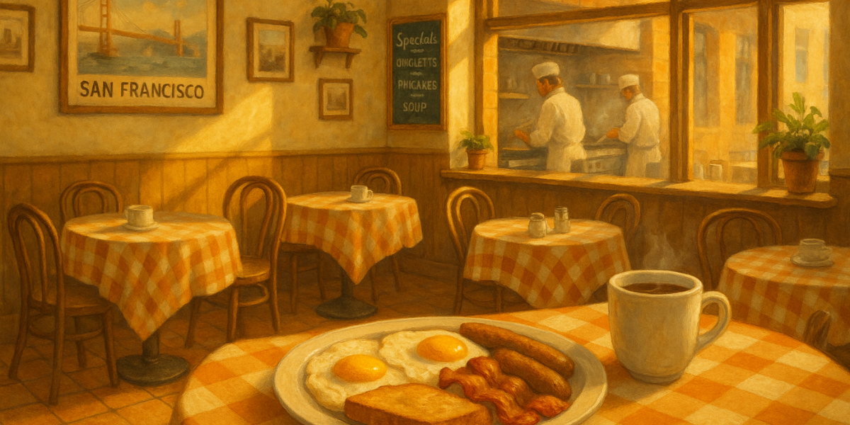 Warm, sunlit café interior with checkered orange tablecloths and wooden chairs. A breakfast plate of eggs, bacon, sausage, and toast sits beside a cup of coffee in the foreground. Through a window, chefs cook in the kitchen, while a San Francisco poster hangs on the wall.