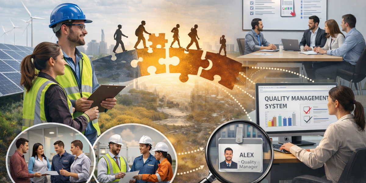 An image of solar energy workers in safety gear reviewing plans near panels, alongside office teams collaborating on quality systems. At the center, interlocking puzzle pieces form a bridge with people crossing, symbolizing connection between teams, processes, and people in quality systems.