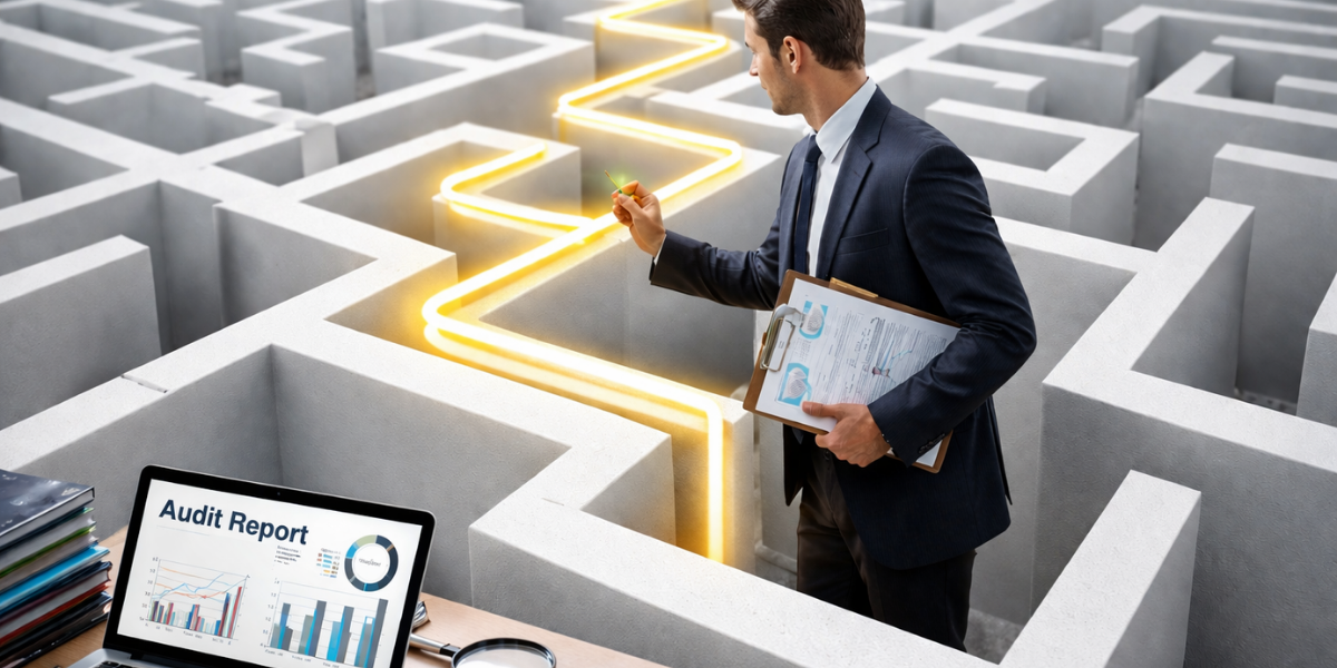 Business professional navigating a complex maze while reviewing documents, with a glowing path symbolizing a structured audit programme and a laptop displaying an audit report in the foreground.