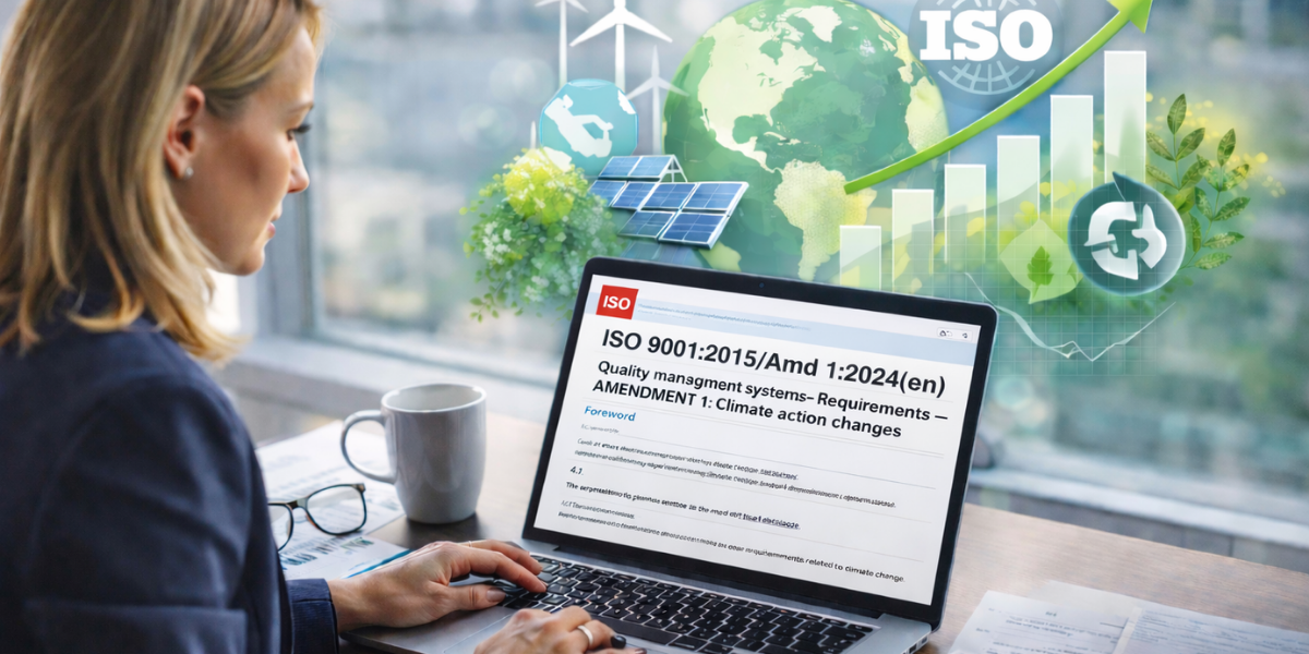 Businesswoman reviewing ISO 9001:2015 climate action amendment on a laptop, with ISO logo visible and sustainability visuals including wind turbines, solar panels, and a globe representing environmental impact and compliance.