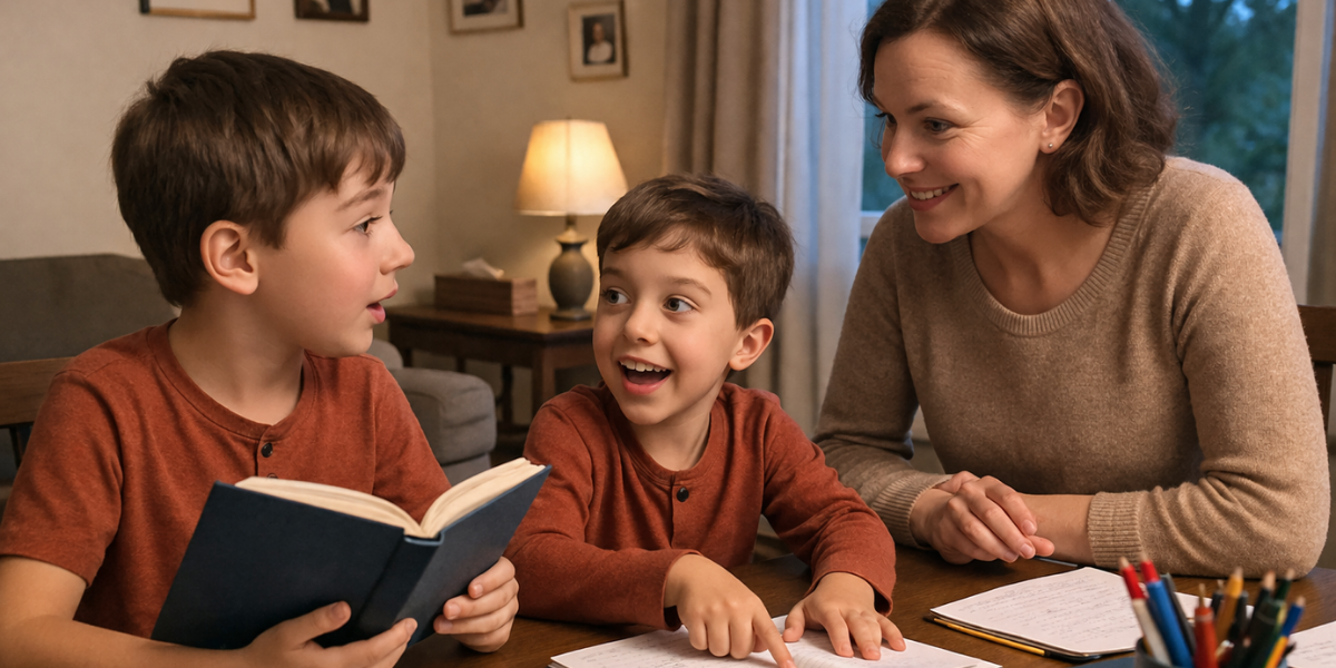 a mother and her two young sons sitting at a wooden table in a cozy living room, smiling and interacting as they read and write together, with books, notebooks, and pencils spread across the table and soft ambient lighting in the background.