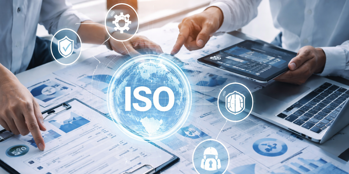 Business professionals collaborating around a desk with documents, tablet, and laptop, while a digital globe labeled ‘ISO’ is surrounded by icons representing quality, safety, environment, and information security systems.”