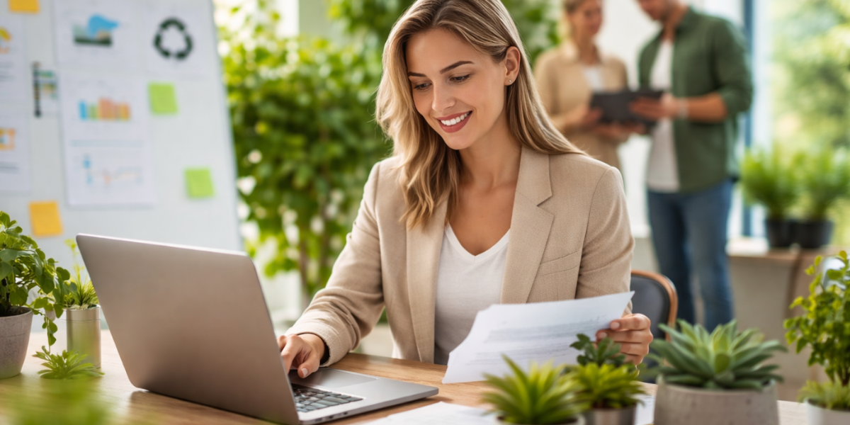 professional working on laptop in eco-friendly office, reviewing documents with team collaboration in background, representing careers in environmental management and ISO 14001.