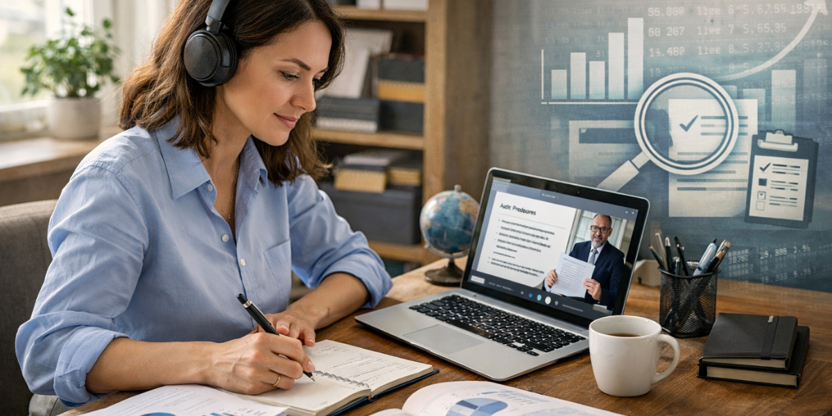 Professional woman participating in an online auditing course from a home office, taking notes while attending a virtual lecture with financial reports and data charts, representing remote learning and auditor skill development