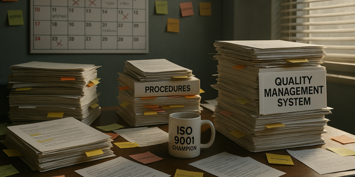 Stacks of documents labeled “Procedures” and “Quality Management System” surround a desk with sticky notes and an ISO 9001 mug. The clutter reflects overwhelm, while organized labels hint at structure, symbolizing the journey from complexity to simplicity and success in ISO 9001 implementation.